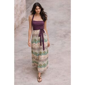 Anthropologie Maeve Purple Scenic Boho Halter Maxi Silk Dress Long Womens Size 0